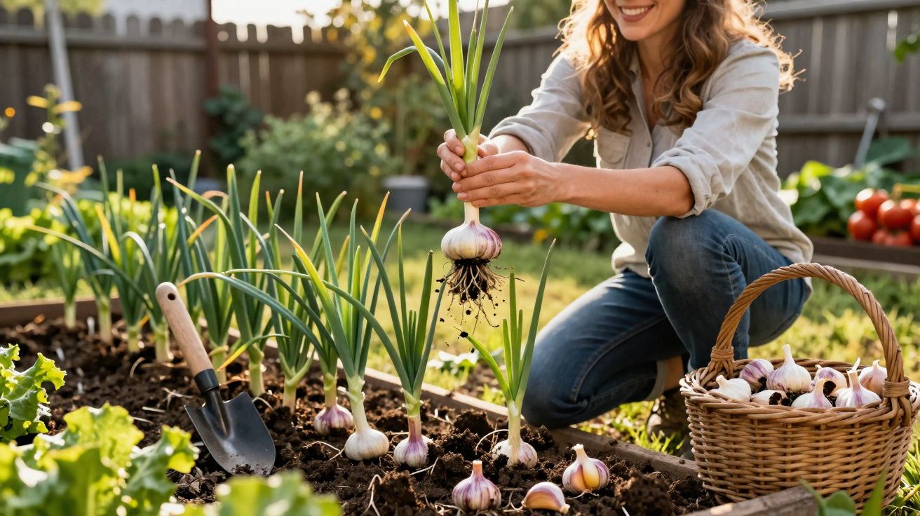 Mulher a colher alho fresco numa hortinha, com cesta cheia e enxada no solo.