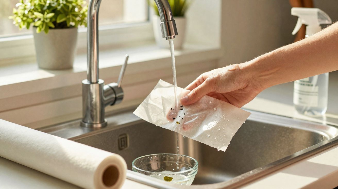 Pessoa a lavar uma toalhita sob a torneira da cozinha com luz natural e plantas ao fundo.
