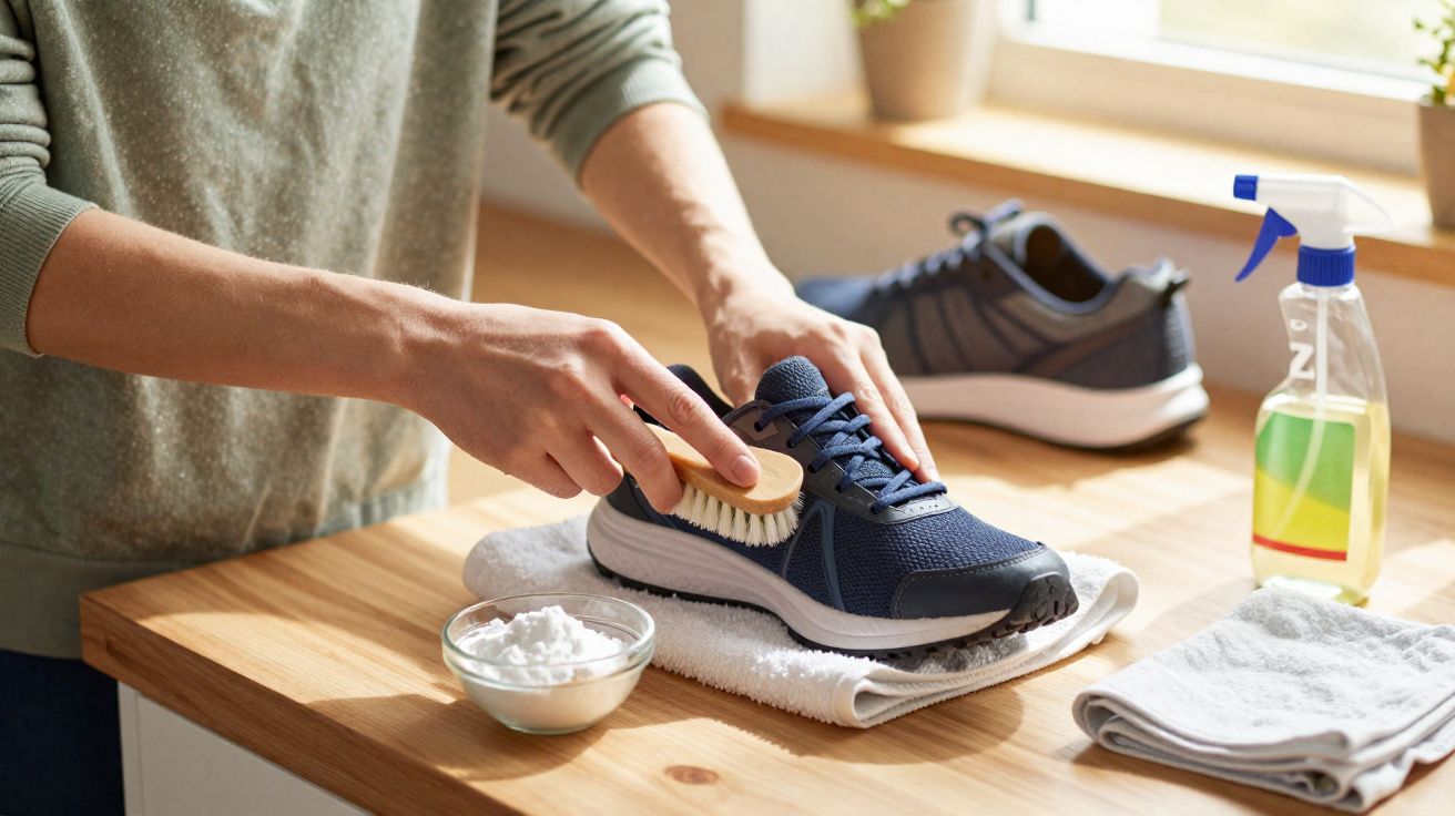 Pessoa a limpar sapatilha desportiva azul com escova numa bancada de madeira perto de janela.