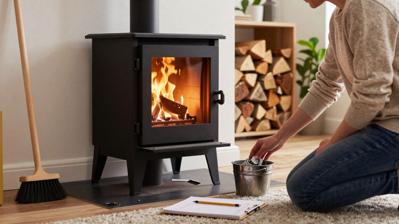 Pessoa a colocar carvão num fogão a lenha queimando numa sala acolhedora e organizada.