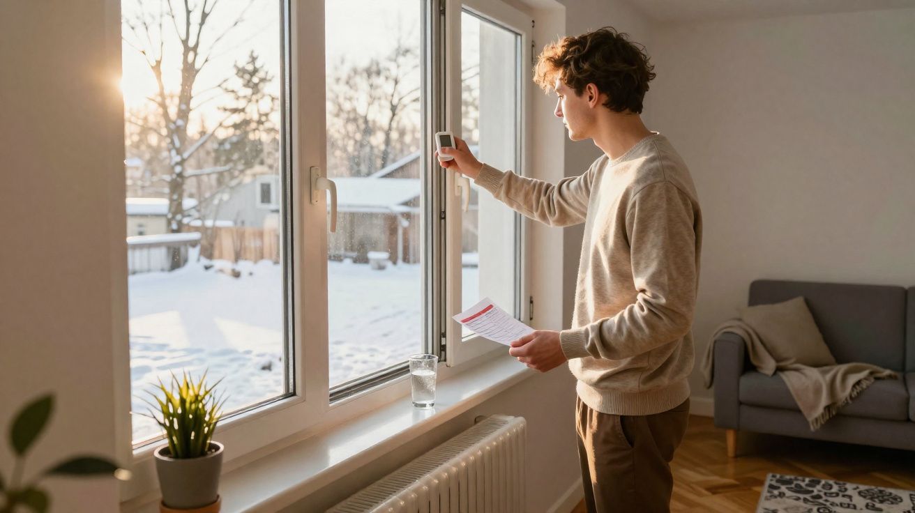 Homem jovem ajusta termóstato junto à janela com paisagem de neve do lado de fora numa sala iluminada.