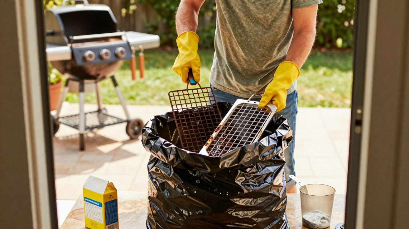 Pessoa a colocar grelhas de churrasco usadas num saco de lixo preto, com luvas amarelas, junto a churrasqueira no jardim.