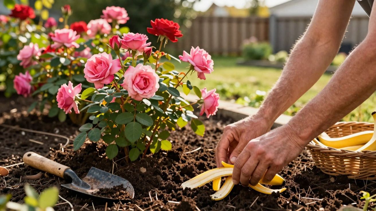Mãos a colocar casca de banana no solo de um canteiro com roseiras a florescer num jardim.