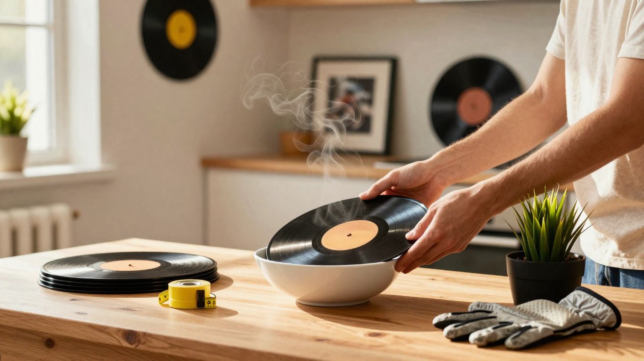 Pessoa a colocar disco de vinil fumegante numa taça numa mesa de madeira com plantas e luvas por perto.