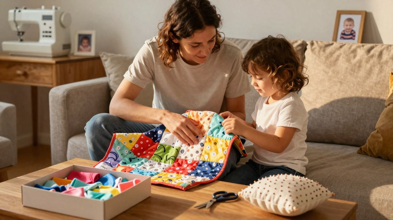 Mulher e criança sentadas no sofá a fazer uma manta colorida de retalhos à frente numa mesa de madeira.
