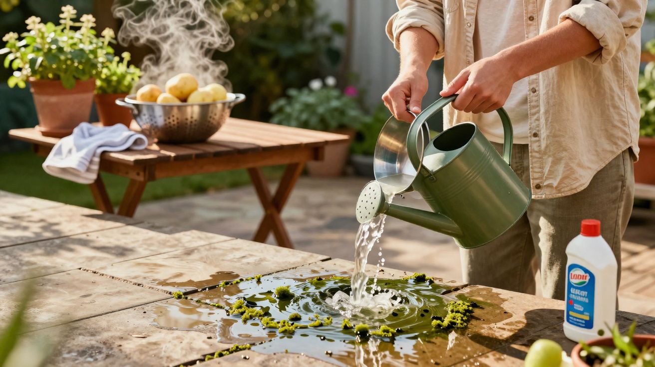 Pessoa a regar musgo numa mesa de pedra com regador verde num jardim ensolarado.