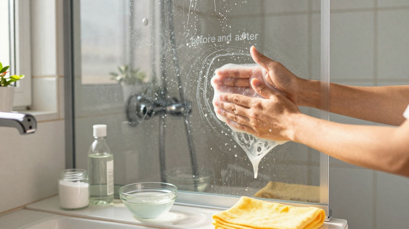 Mãos a limpar um vidro de casa de banho com produto transparente, mostrando antes e depois da limpeza.