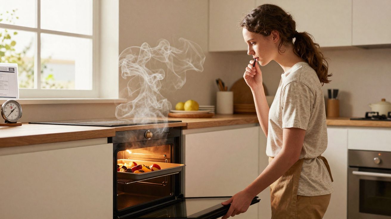 Mulher a utilizar pinça para tirar comida fumegante do forno numa cozinha moderna e luminosa.