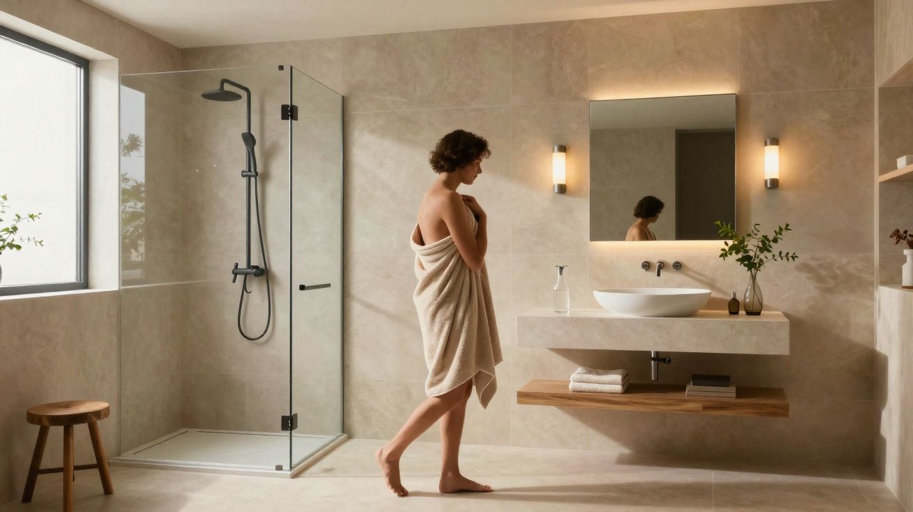 Mulher com toalha num banho contemporâneo com chuveiro de parede em vidro e parede em tom bege.