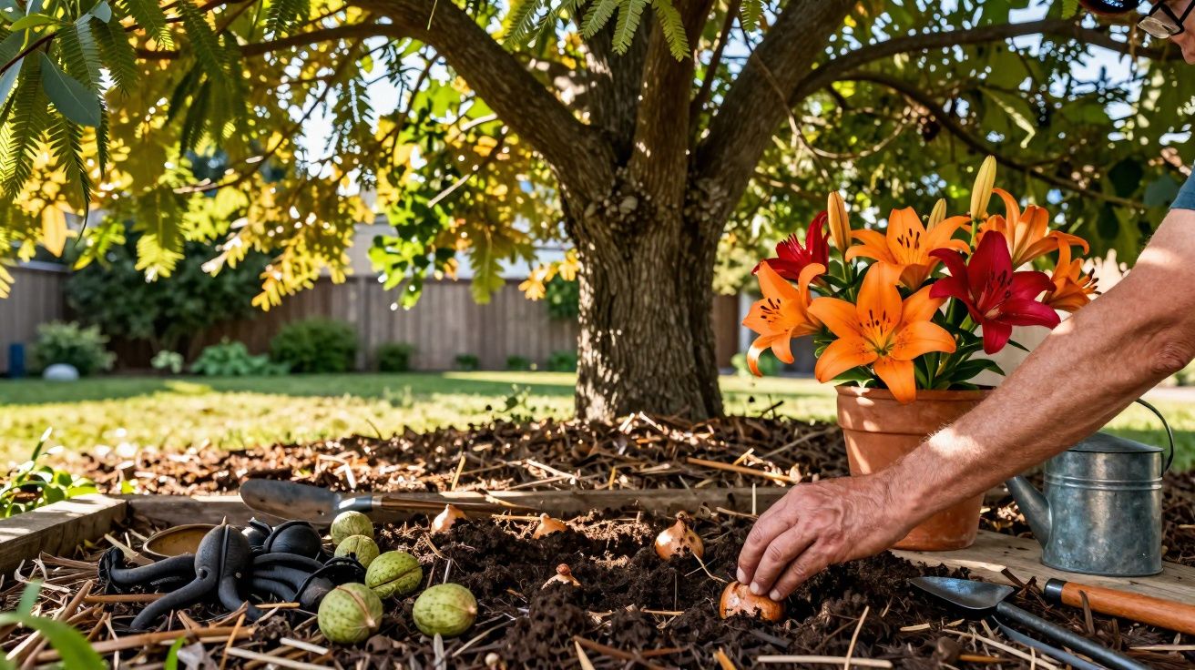 Pessoa a plantar bulbos de flores num pequeno jardim sob uma árvore em dia de sol.