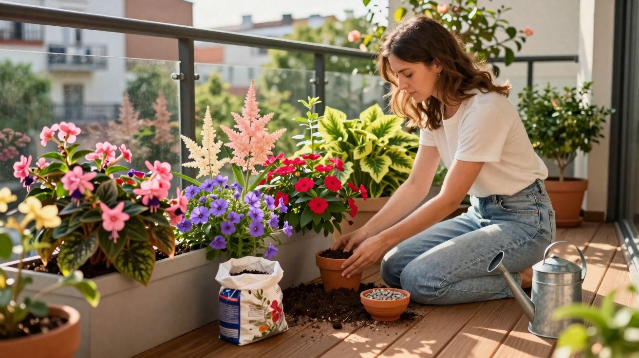 Mulher a cuidar de plantas floridas num terraço ensolarado, ao ar livre.