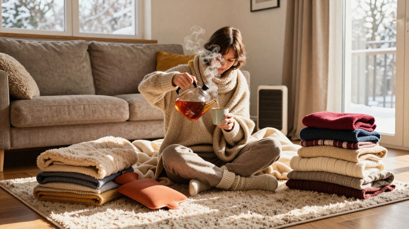 Mulher sentada no chão com roupa quente a servir chá numa chávena numa sala iluminada e acolhedora.