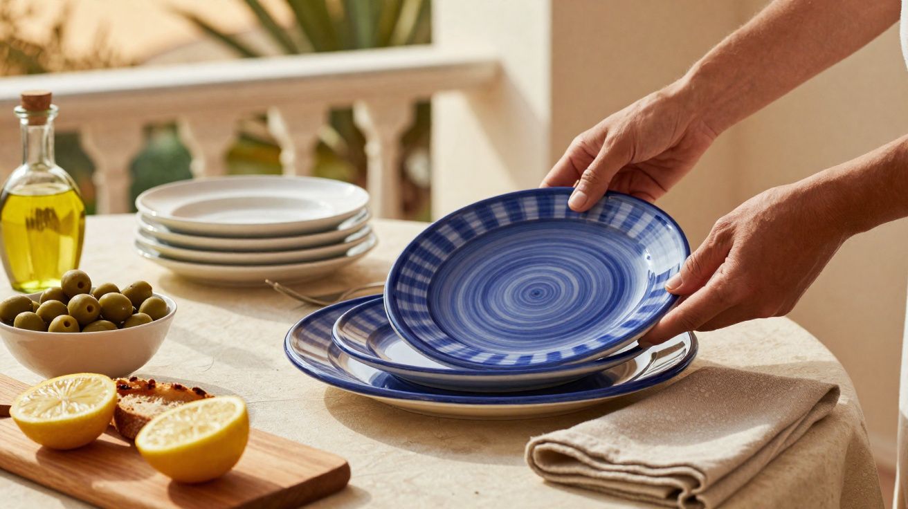 Uma pessoa a pôr pratos azuis numa mesa com azeitonas, limão e azeite.
