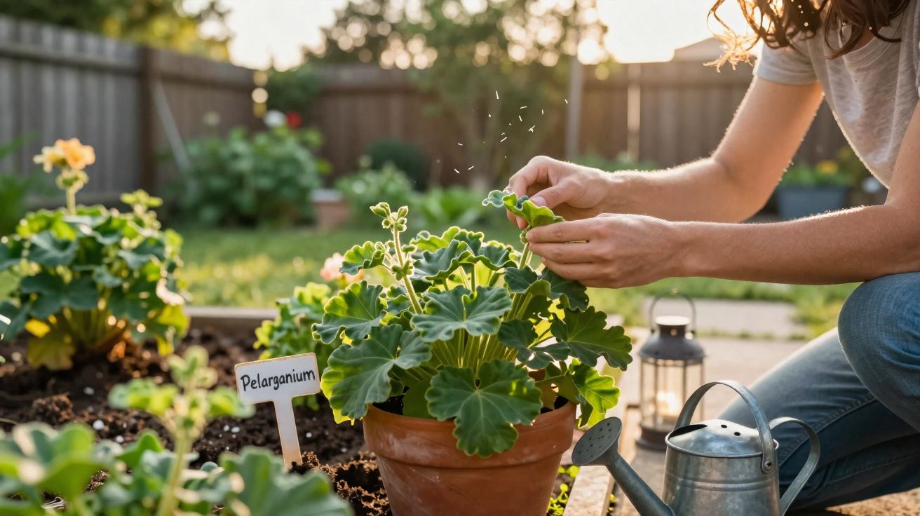 Pessoa a cuidar de planta de pelargonium num vaso de barro num jardim ensolarado.