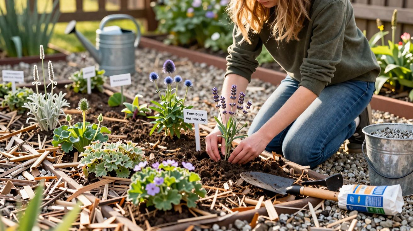 Pessoa a plantar flores num canteiro com ferramentas de jardinagem e regador ao lado.