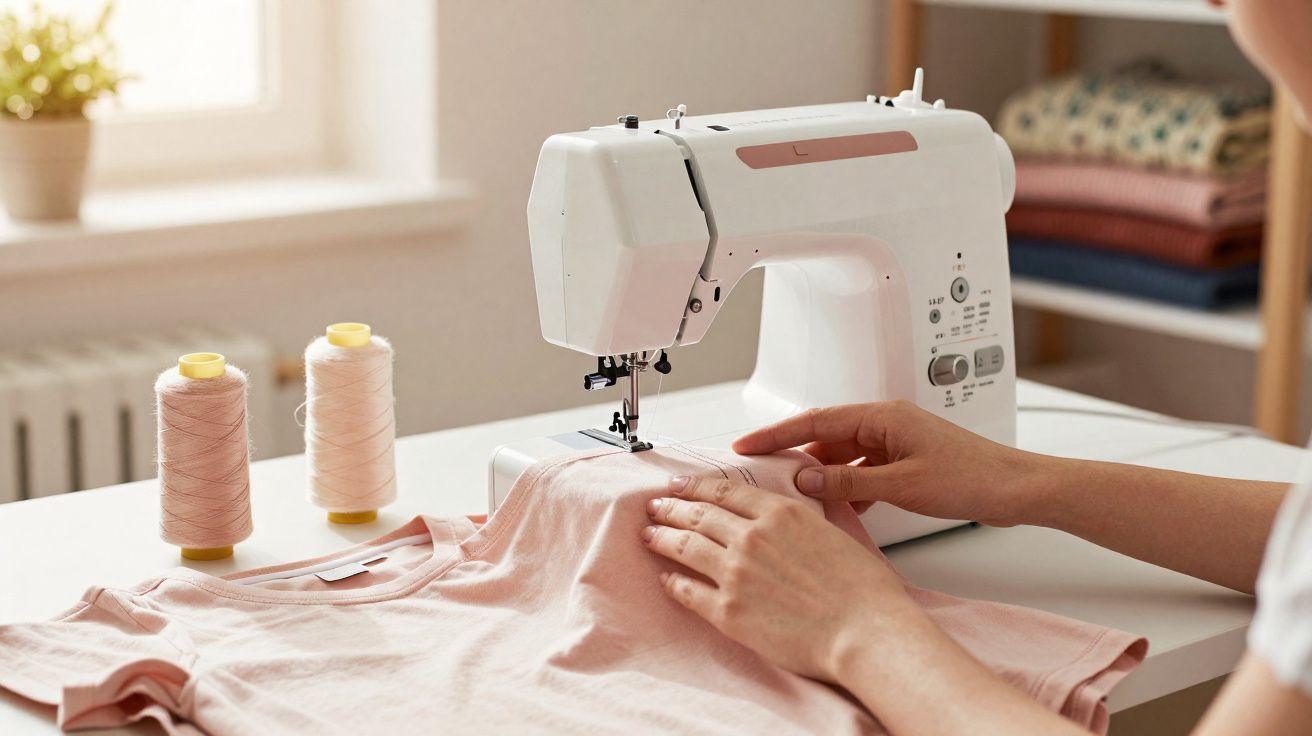 Pessoa a costurar uma t-shirt cor-de-rosa numa máquina de costura branca numa mesa iluminada.