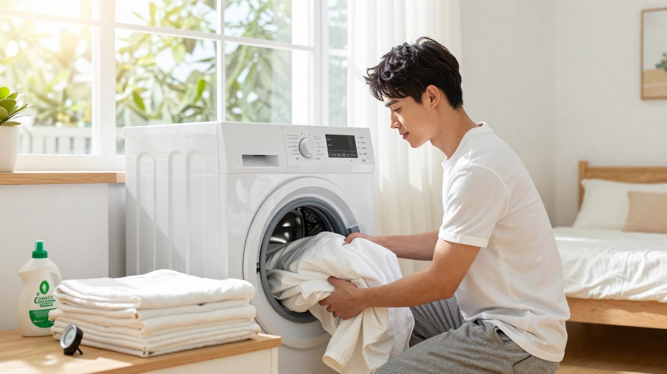 Homem a colocar roupa branca na máquina de lavar numa divisão clara e organizada.