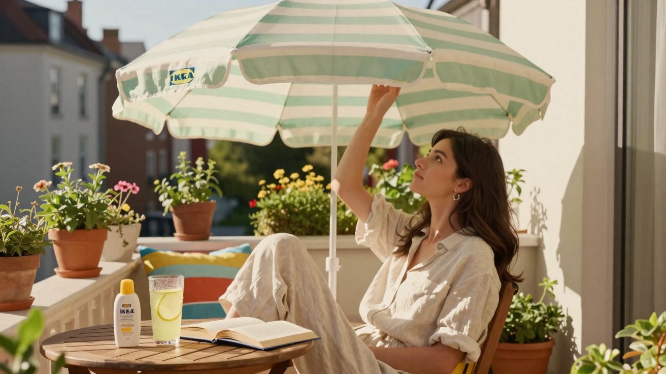 Mulher sentada numa varanda com guarda-sol, rodeada por plantas em vasos, lendo um livro ao sol.