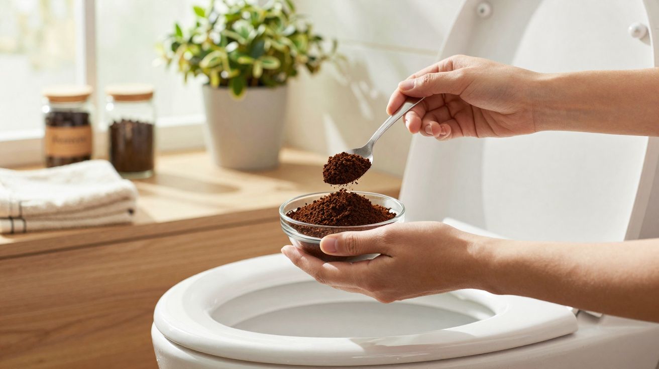 Mãos seguram cafeeiro moído num copo sobre sanita branca com tampa levantada, junto a janela e planta.