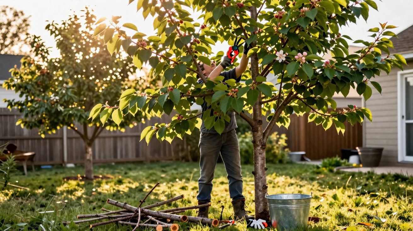 Pessoa a podar uma árvore florida num jardim com ferramentas e um balde ao lado ao pôr do sol.