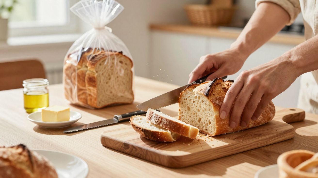Pessoa a cortar uma fatia de pão rústico numa tábua de madeira numa cozinha luminosa.
