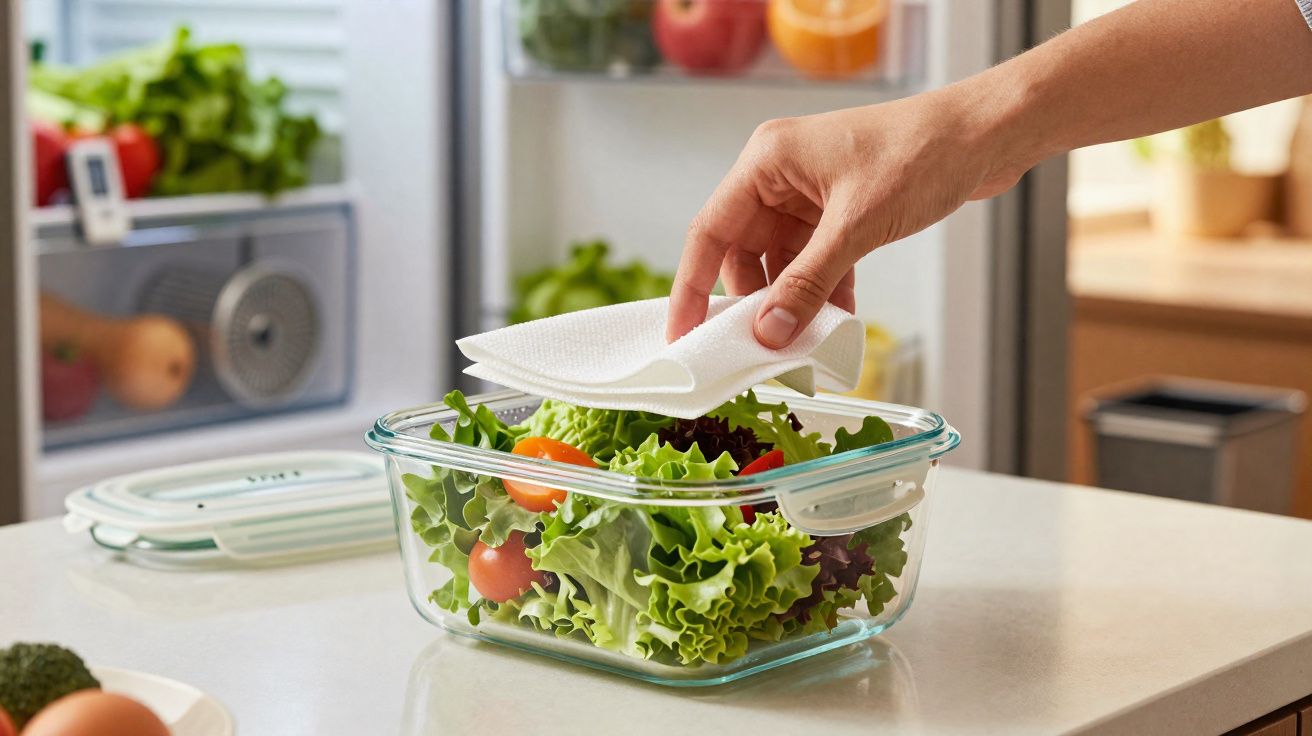 Mão a colocar guardanapo por cima de salada fresca em recipiente de vidro numa cozinha.