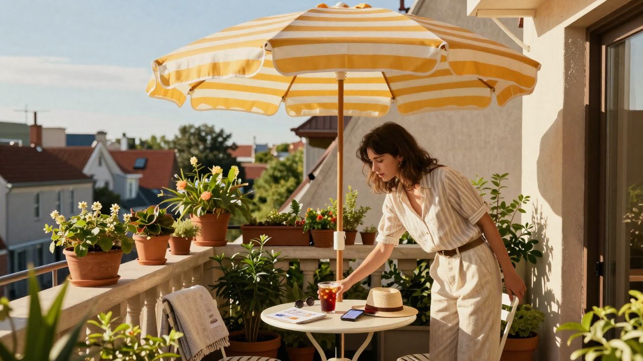 Mulher num terraço com plantas, a apanhar um copo de bebida numa mesa com guarda-sol amarelo e branco.