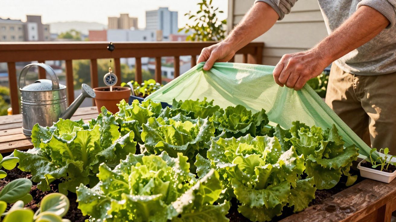 Pessoa a proteger alfaces numa horta urbana com rede verde numa varanda ensolarada.