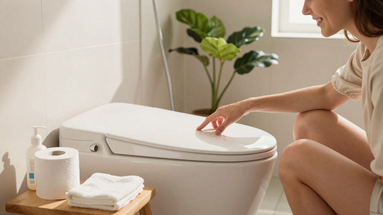 Mulher a pressionar botão numa sanita moderna branca num banheiro iluminado e com planta verde.