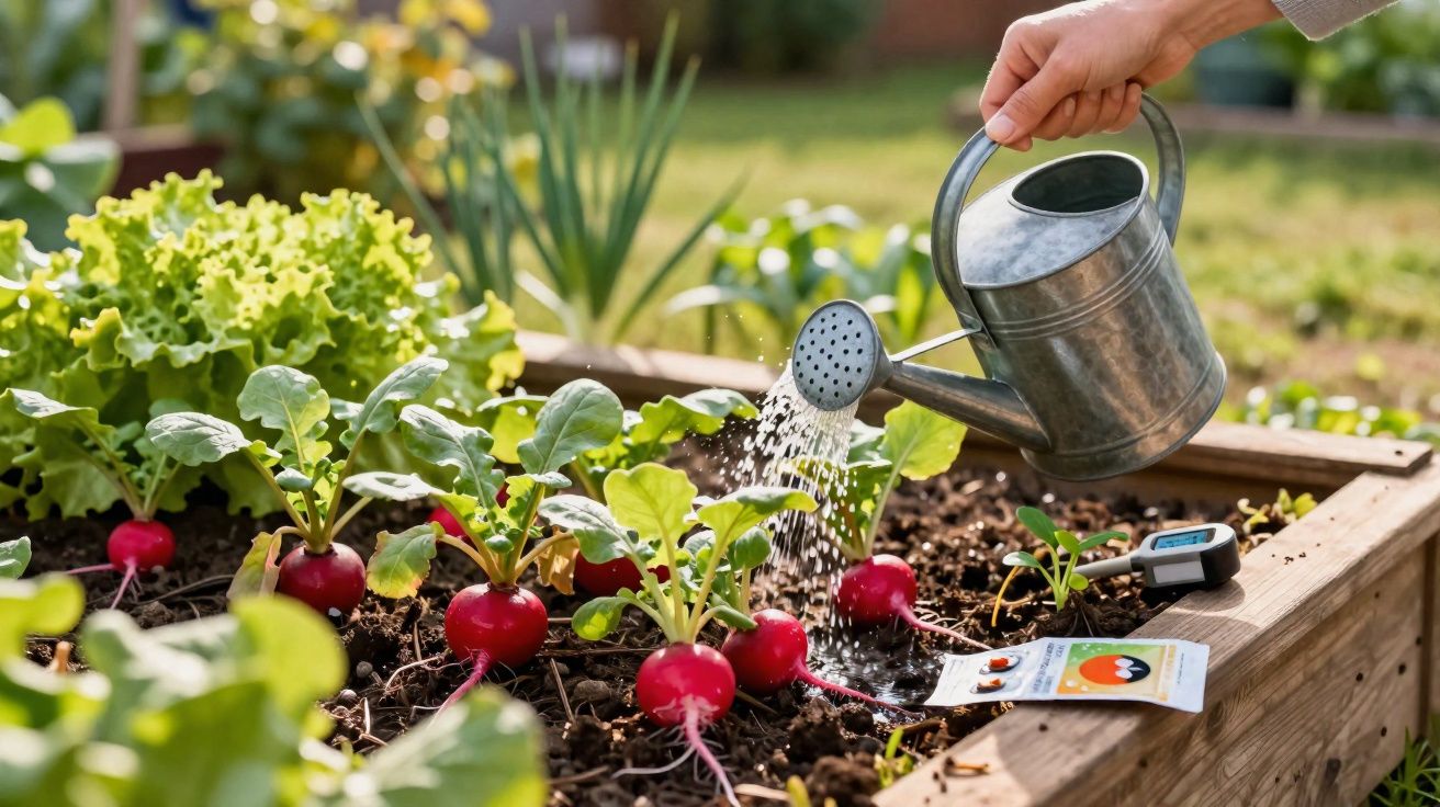 Pessoa a regar rabanetes numa horta elevada com regador de metal num dia soalheiro.