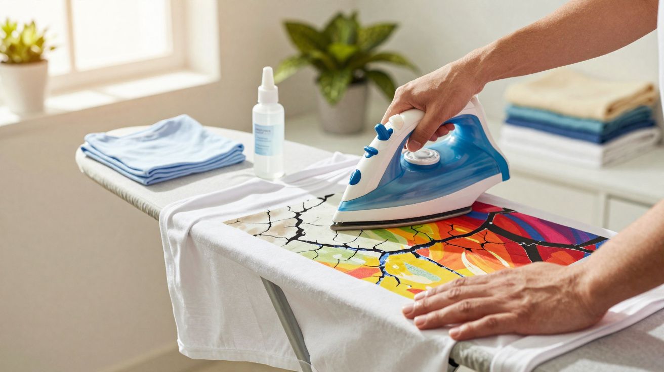 Pessoa a passar a ferro uma t-shirt branca estampada numa tábua de engomar em ambiente doméstico.
