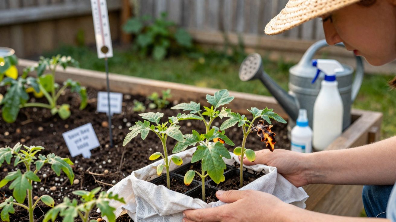 Pessoa a transplantar plantas jovens num jardim elevado com regador e pulverizador ao fundo.