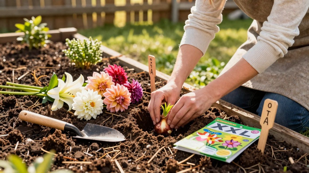 Pessoa a plantar uma cebola de flor num canteiro de jardim com flores coloridas e sementes.