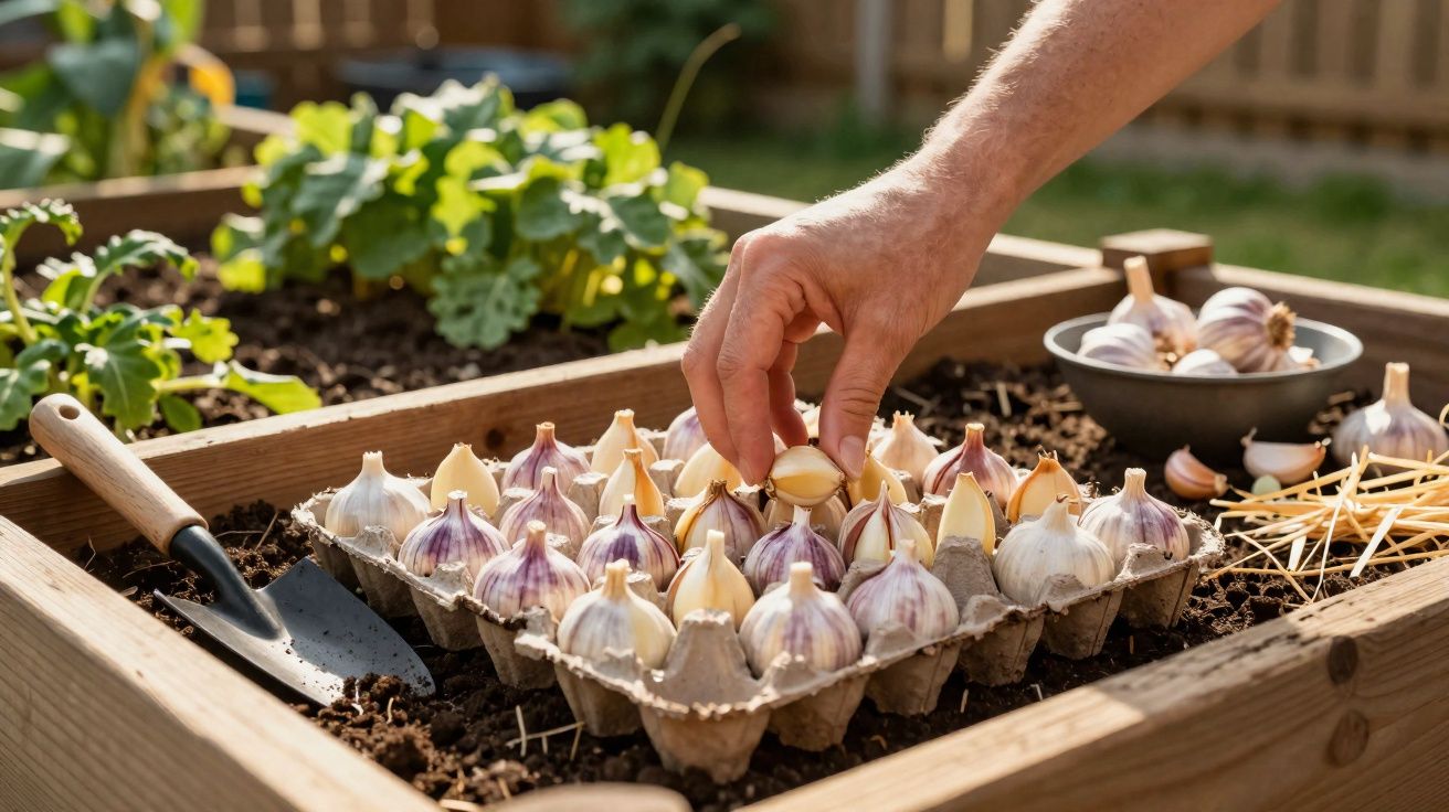 Mão a plantar dentes de alho numa horta com tabuleiro reutilizado e enxada de jardim ao lado.