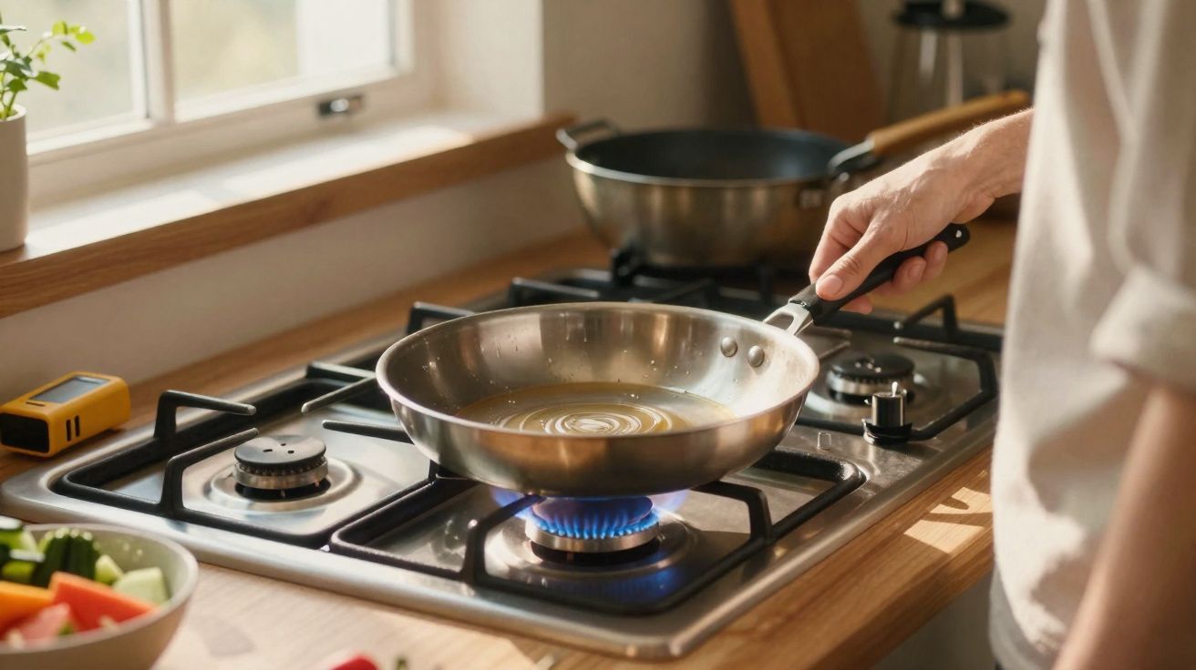 Mão a segurar frigideira de metal sobre chama azul num fogão a gás numa cozinha iluminada por janela.