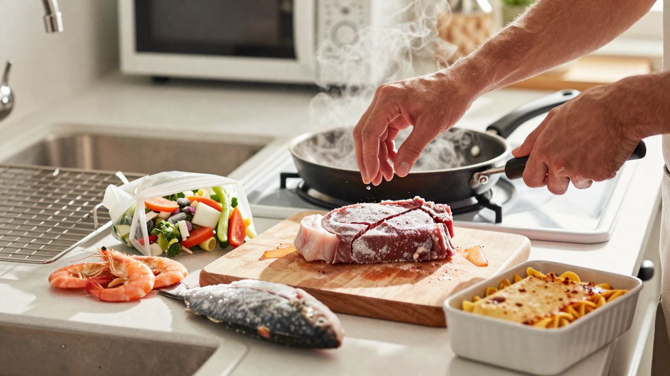 Mãos temperando um bife na tábua, com peixe, camarões, legumes frescos e lasanha na bancada da cozinha.