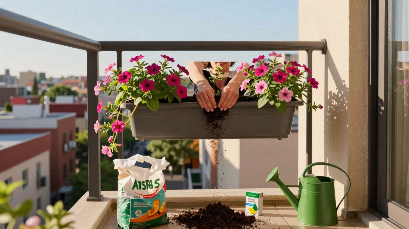 Mãos a transplantar flores cor-de-rosa num floreiro com terra numa varanda ensolarada de cidade.