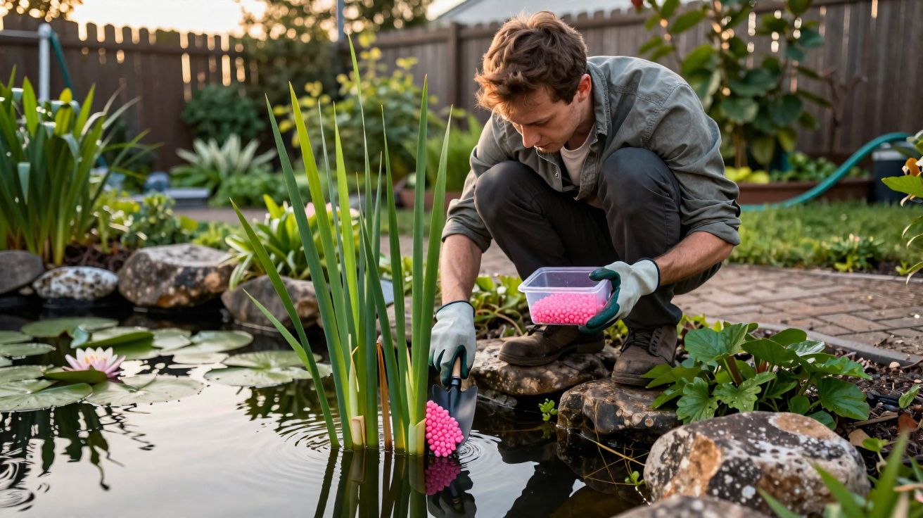 Homem a colocar pellets cor-de-rosa na água de um lago artificial num jardim verde.