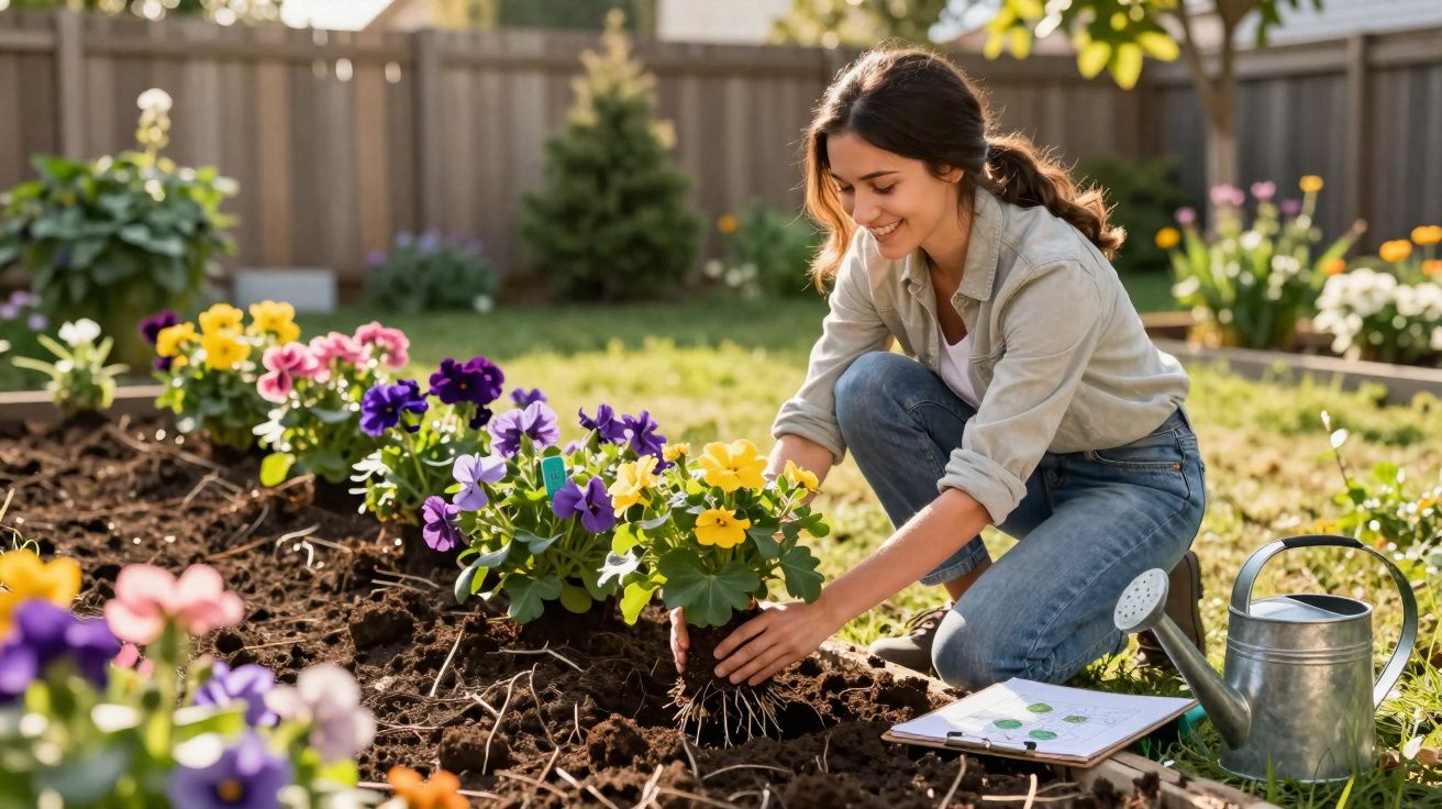 Mulher a plantar flores coloridas num jardim ensolarado, com regador e caderno ao lado.