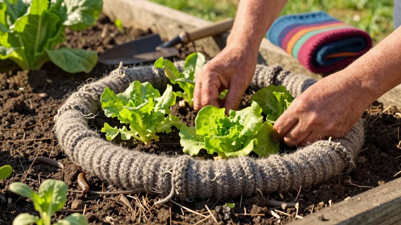 Mãos a cuidar de alfaces verdes num canteiro com suporte circular de corda em jardim ensolarado.