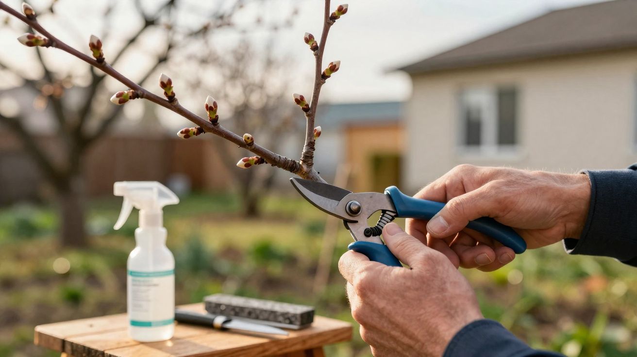 Pessoa a podar ramo com tesoura de jardinagem num jardim com casa ao fundo.