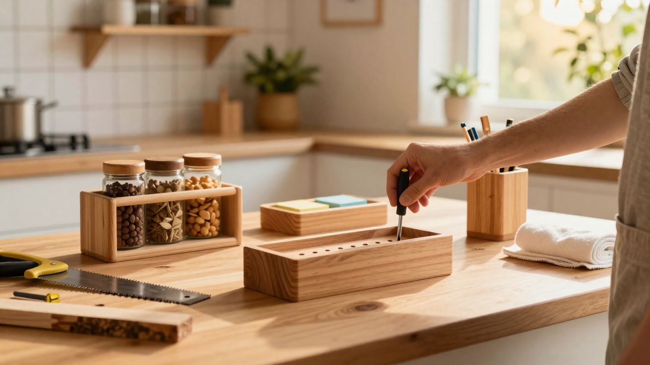 Mão a montar caixa de madeira numa bancada com frascos, ferramentas e bloco de notas ao fundo.