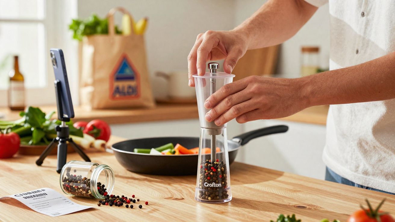 Mãos a moer mistura de pimentos numa cozinha com legumes e saco reutilizável ao fundo.