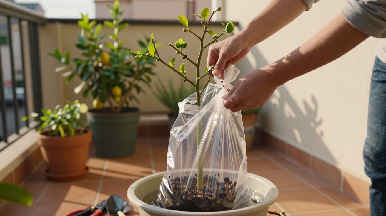Mãos a colocar planta jovem num saco plástico sobre um vaso num terraço com outras plantas ao fundo.