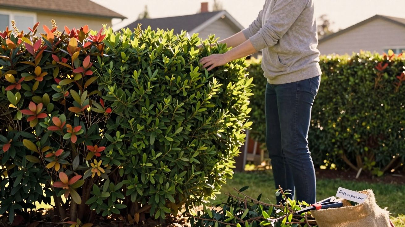 Pessoa a podar sebe numa tarde soalheira com ferramenta e saco de cultivo ao lado.