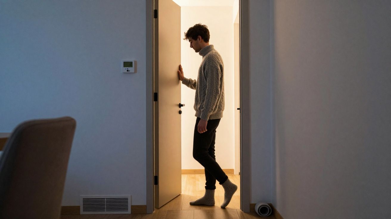 Homem vestido com camisola cinzenta abre porta interior numa casa com luz quente.