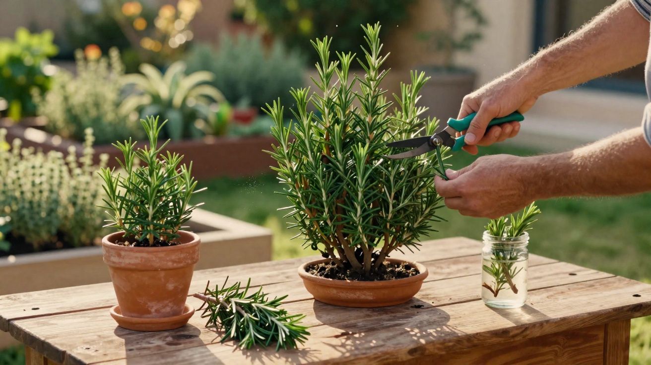 Pessoa a cortar ramos de alecrim numa mesa de madeira com vasos e frascos ao ar livre.