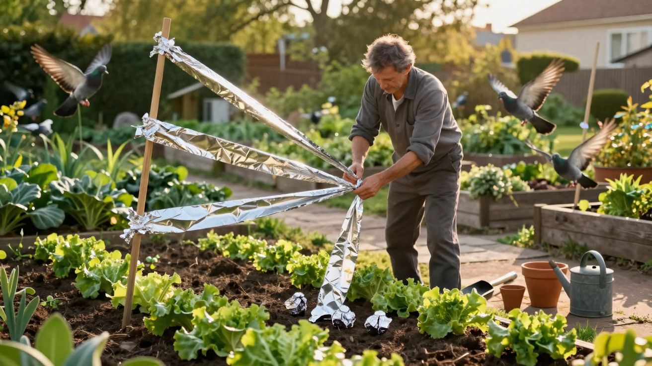 Homem a colocar fitas refletoras numa estaca para afastar pombos numa horta durante o dia.