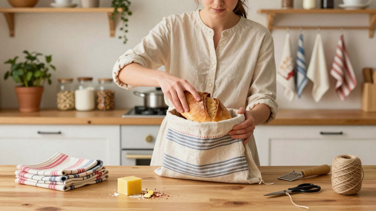 Pessoa a guardar pão numa cozinha acolhedora com acessórios e utensílios organizados na bancada.