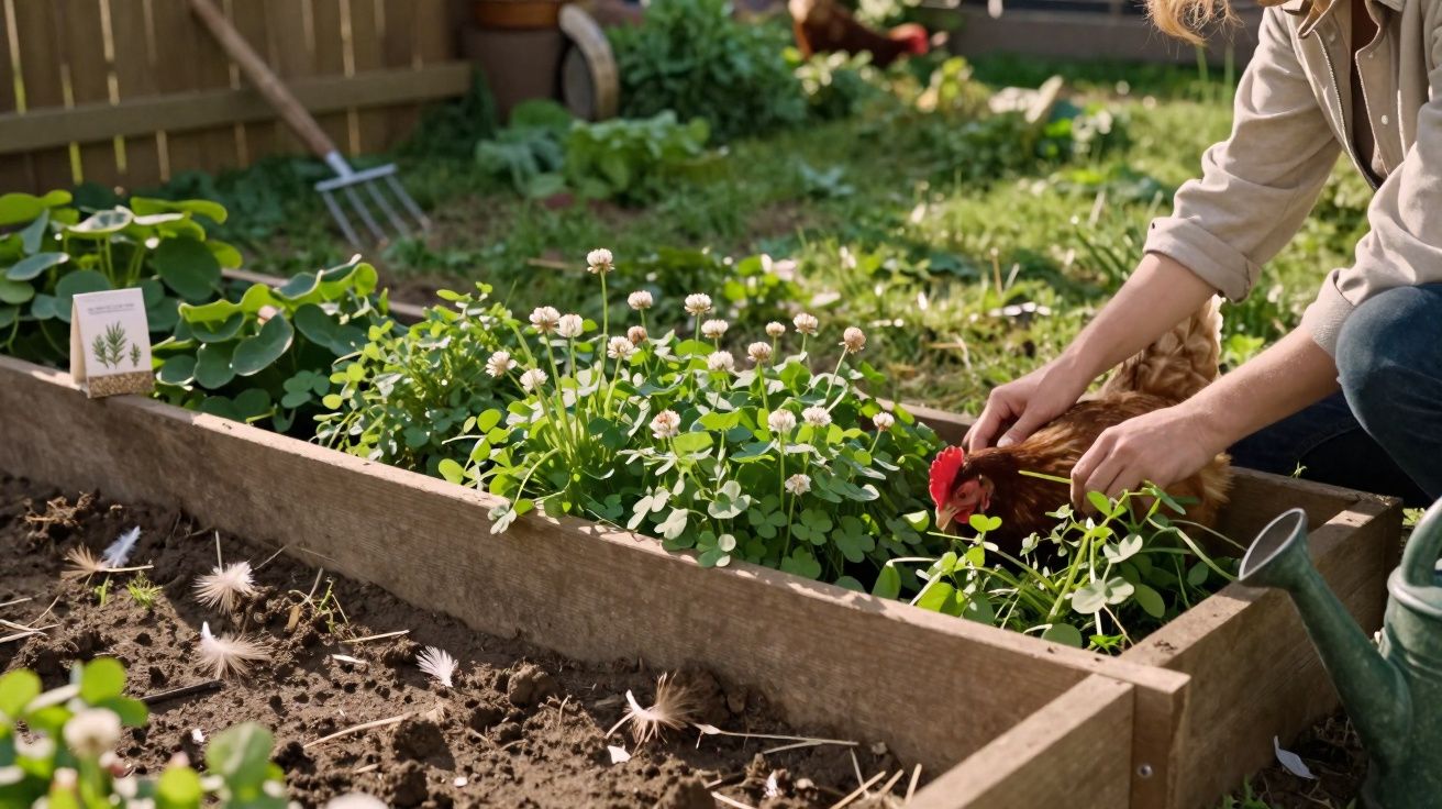 Pessoa a cuidar de uma galinha junto a uma pequena horta com plantas e flores brancas.